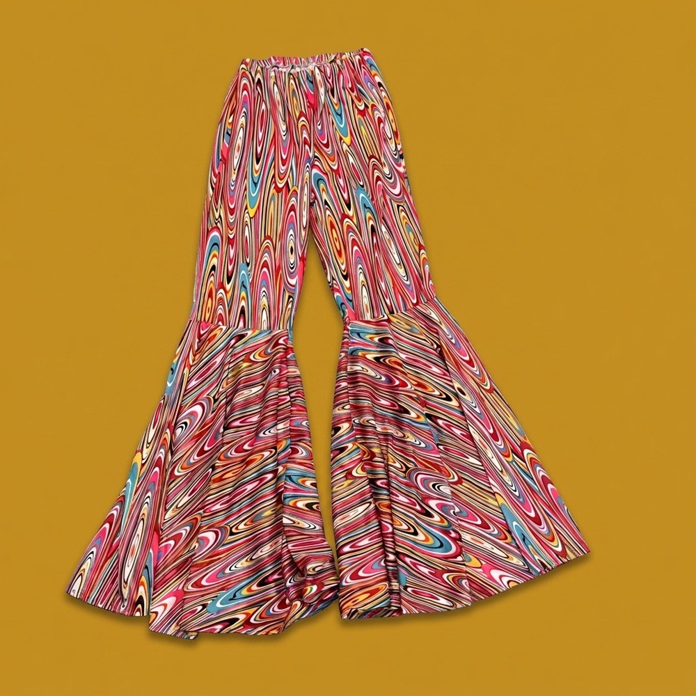 Vintage Style Psychedelic Swirl Bell Bottom Flare Pants Rainbow Multi Color OS